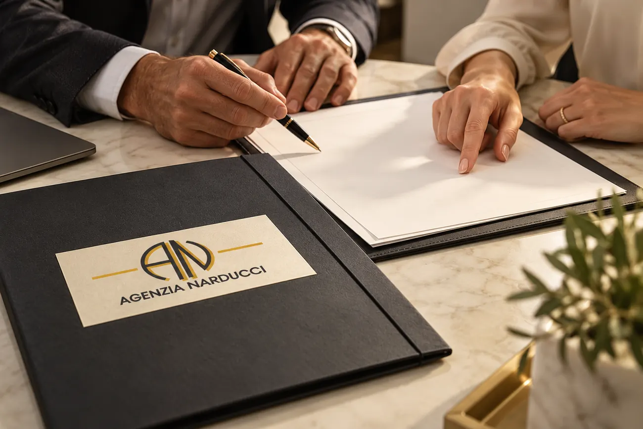 Due persone firmano un contratto su una scrivania, accanto a una cartella col logo dell'agenzia
