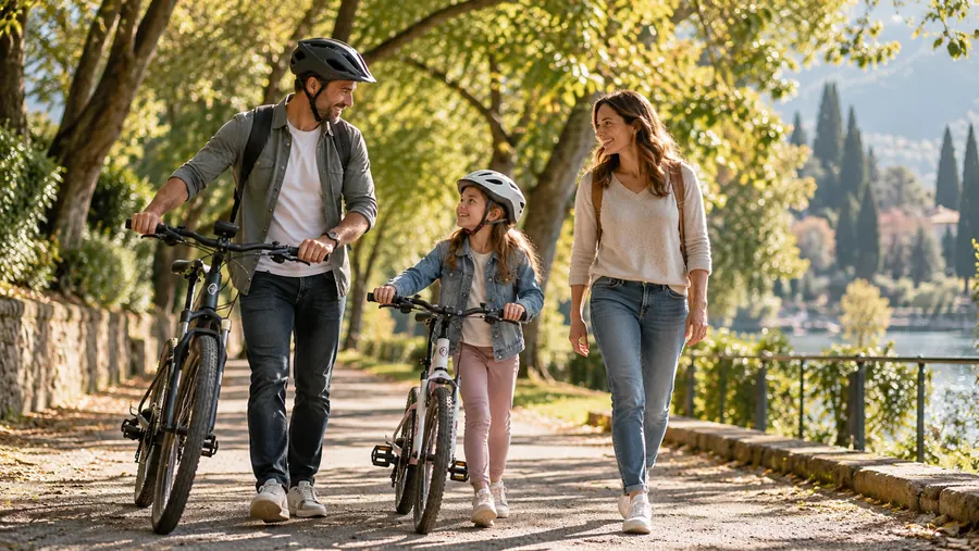 Una famiglia passeggia con le biciclette lungo un viale alberato