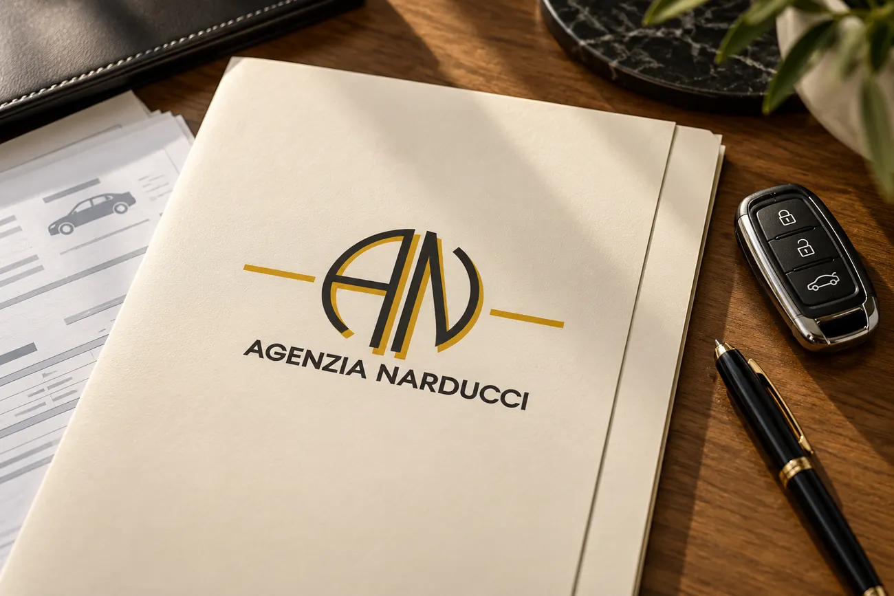 Una cartellina col logo dell'Agenzia Narducci, le chiavi di un'auto e una penna