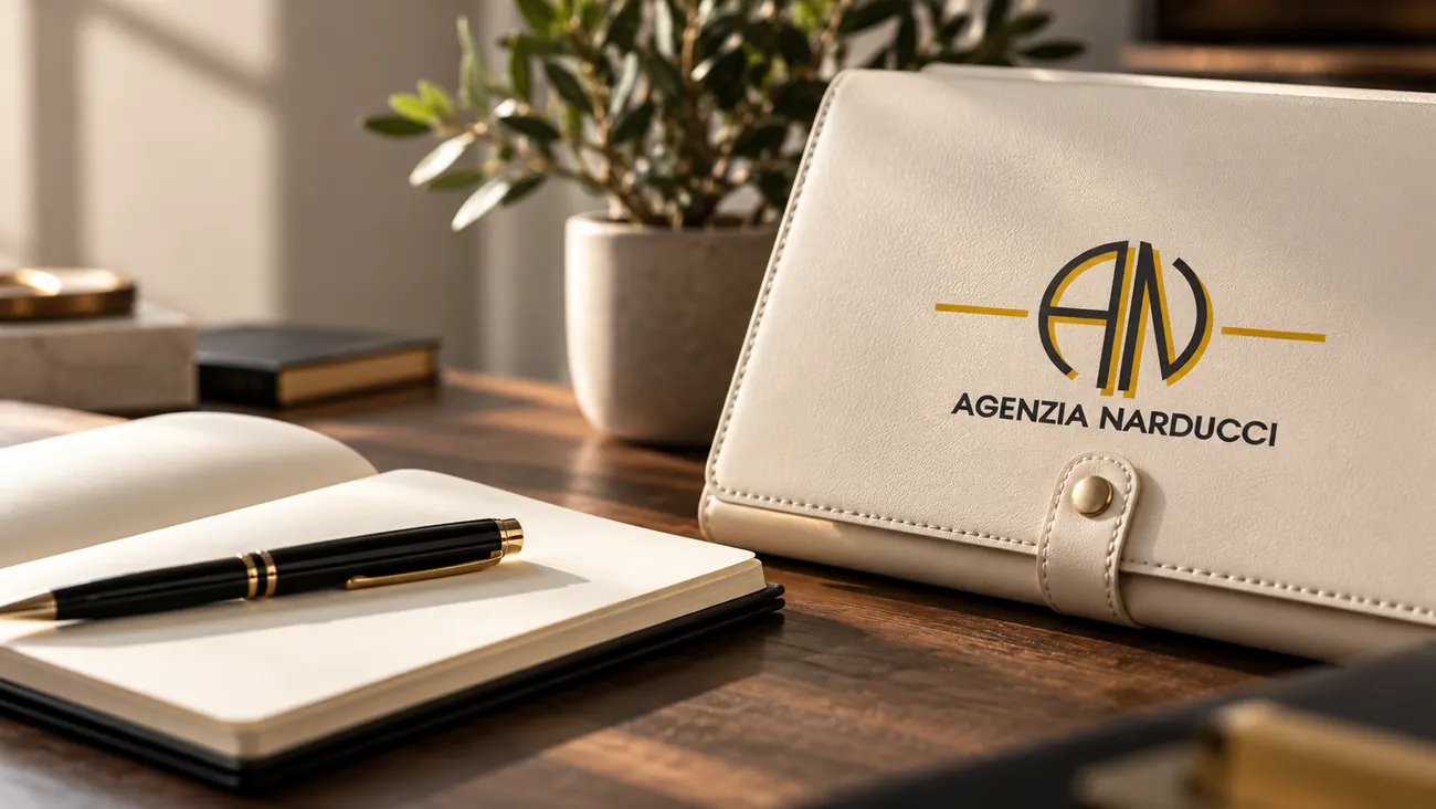 Una scrivania con un'agenda aperta, una penna e una cartellina col logo dell'agenzia