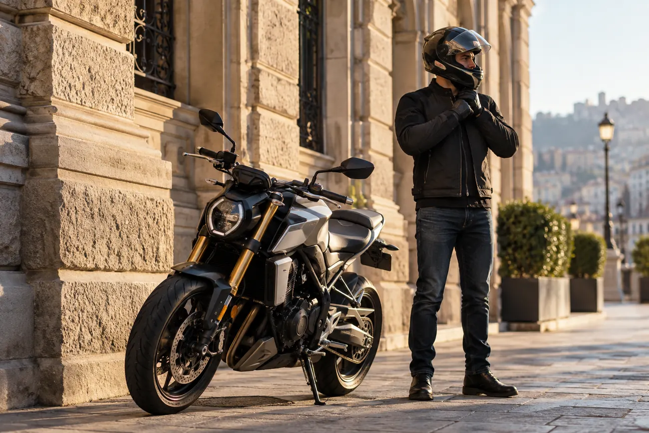 Un motociclista col casco accanto alla sua moto, in una via del centro